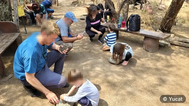 Una familia con varios chicos moliendo granos en morteros de piedra junto a un banco de madera.